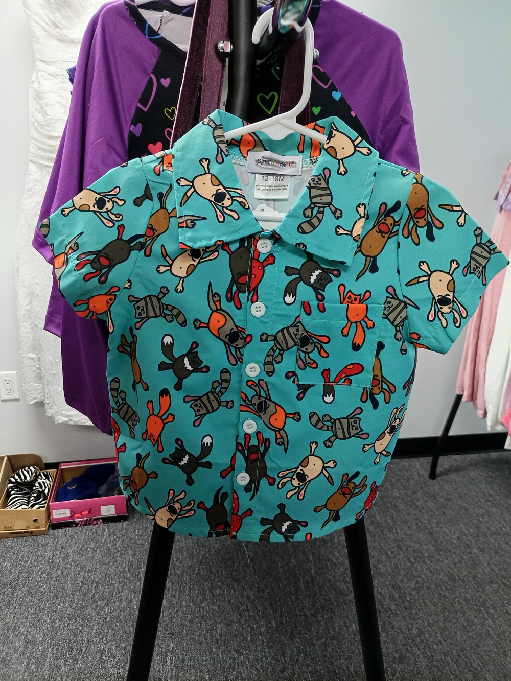 Kids Short-Sleeve Button-Down Shirt in Turquoise with Animal Print